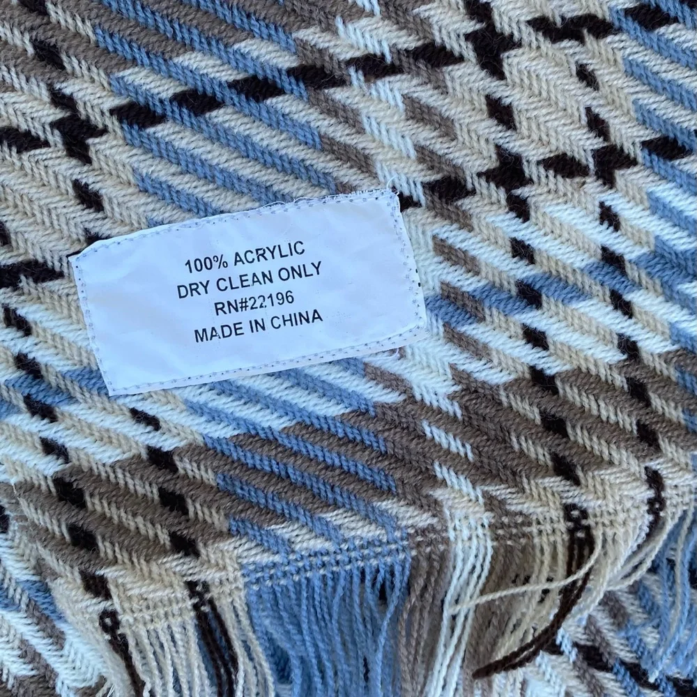 Elegant long plaid scarf with fringes (cream/blue/brown/tan), Size: 60”L.x 9”